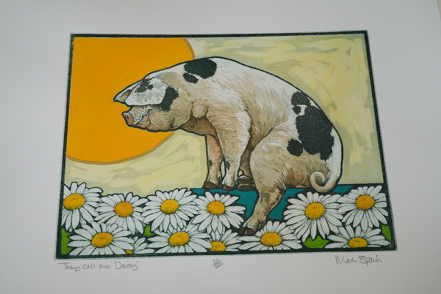 Mark Spain (b.1962), Four etchings with aquatints to include: 'Resting coy' and 'Hogging the moonlight', each signed in pencil, limited edition, unframed, largest 28 x 38cm